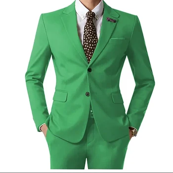 Новый зеленый двубортный лацкан Для деловой встречи, свадьбы, Жениха, Индивидуальный дизайн пальто и брюк, Зеленый мужской костюм Slim Fit Skinny