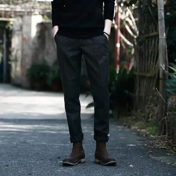 Мужские брюки Темно-серого цвета из твида, приталенные Официальные осенние дышащие брюки для мужчин, винтажные прямые деловые повседневные брюки с узким поясом