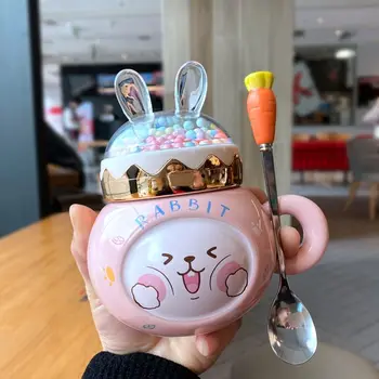 Керамическая офисная кружка Rabbit с крышкой, креативная чашка для воды для влюбленных девушек, домашняя чашка для кофе с молоком, Подарочная керамическая чашка для девочек