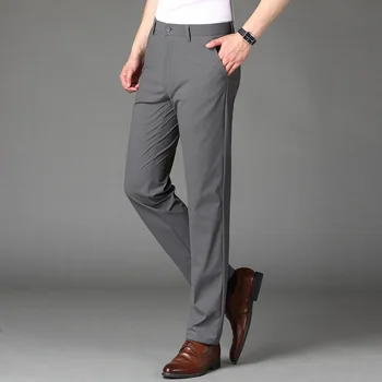 Весенне-летние новые мужские повседневные брюки Lansboter Grey из эластичного шелка Ice Silk, прямой тонкий тренд, Тонкий тренд