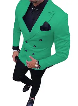 2020 Новый зеленый мужской костюм Двубортный костюм из 2 предметов, блейзер с вырезами на лацканах, смокинг и брюки для прополки, вечеринка