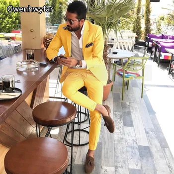 Gwenhwyfar 2023 Индивидуальный Модный Желтый мужской костюм Повседневный Деловой Приталенный Офисный комплект из 2 предметов, Блейзер + брюки