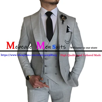 Светло-серые мужские костюмы однобортные для деловой встречи, вечеринки, свадьбы, жениха, 3 предмета (куртка + жилет + брюки) Мужские костюмы на заказ