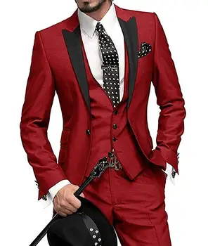 Красный мужской костюм Lansboter 3 предмета Приталенный Деловой Досуг Свадебный банкет Свадебный комплект для невесты Куртка Жилет с брюками
