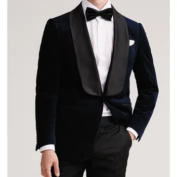 Бархатный мужской костюм, 2 предмета, блейзер, Черные брюки, смокинг на одной пуговице, прозрачный атласный лацкан, модный деловой современный свадебный костюм жениха